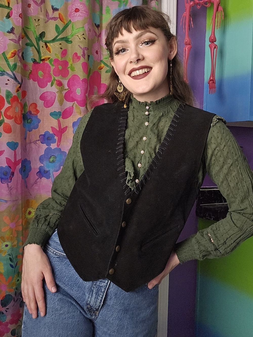 Mona Mode Vintage Black Suede 100% Genuine Leather Vest Western Cowgirl